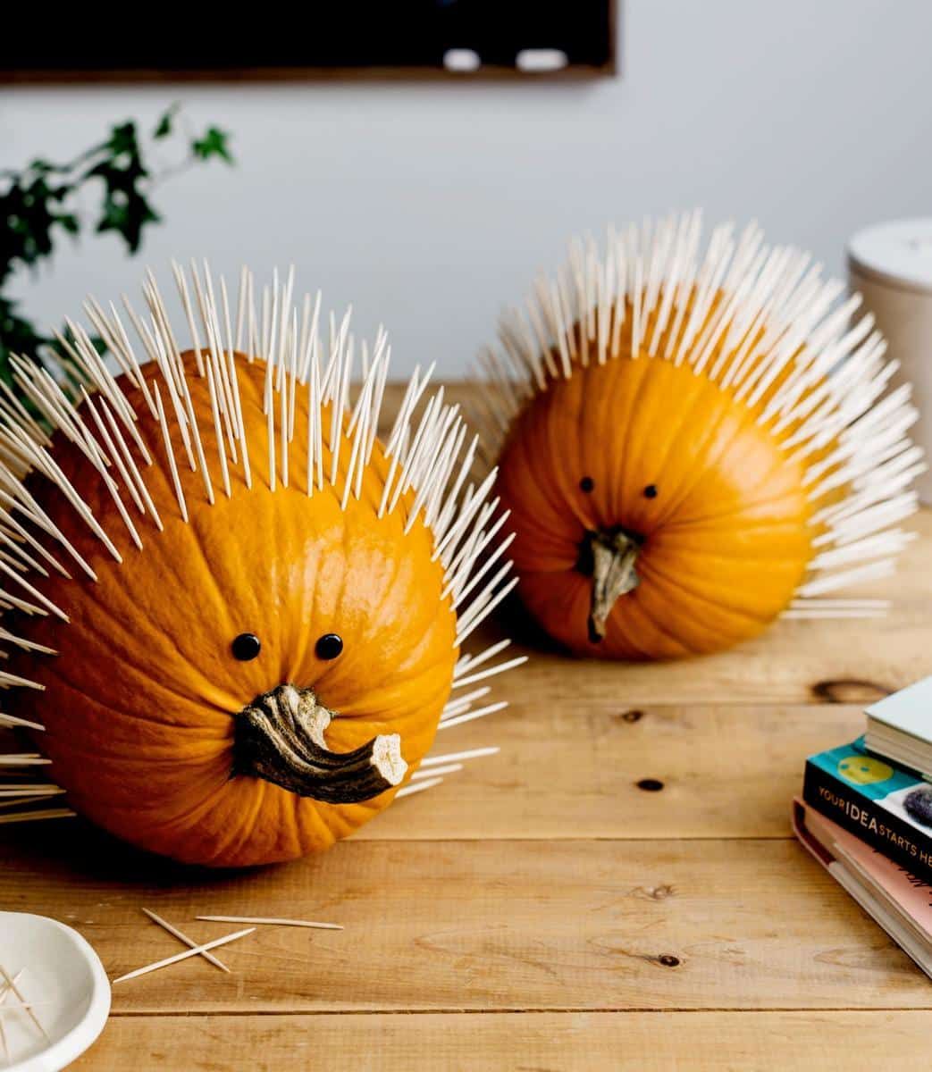 Pumpkin decorated with toothpicks in a porcupine pattern