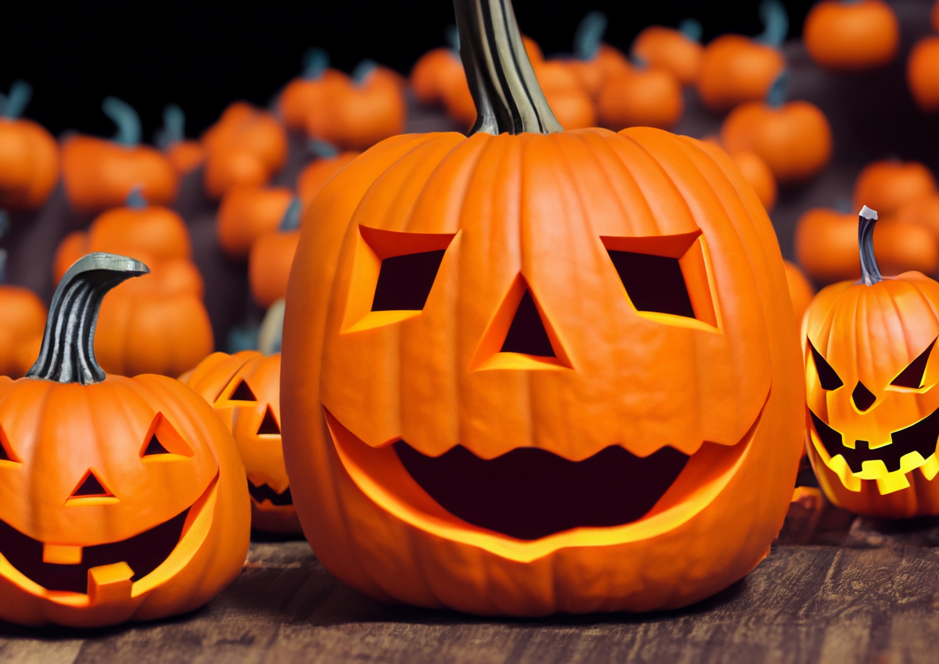 Jack-o'-lanterns lit at night