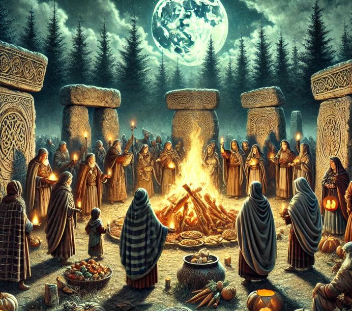 Illustration of an ancient Samhain bonfire gathering